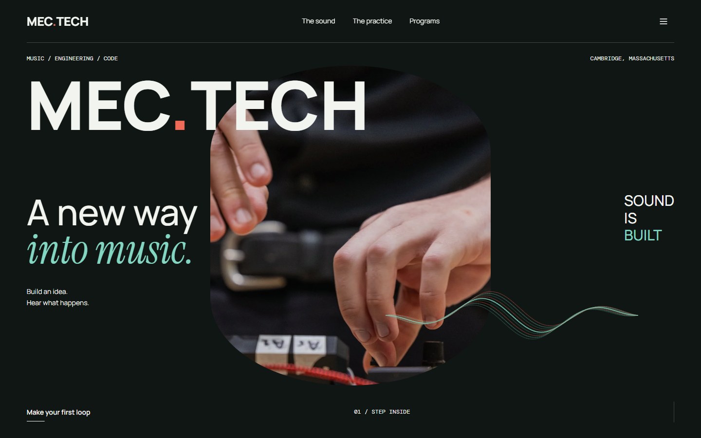 MEC.TECH hero with a performer playing a digital instrument against a dark green background