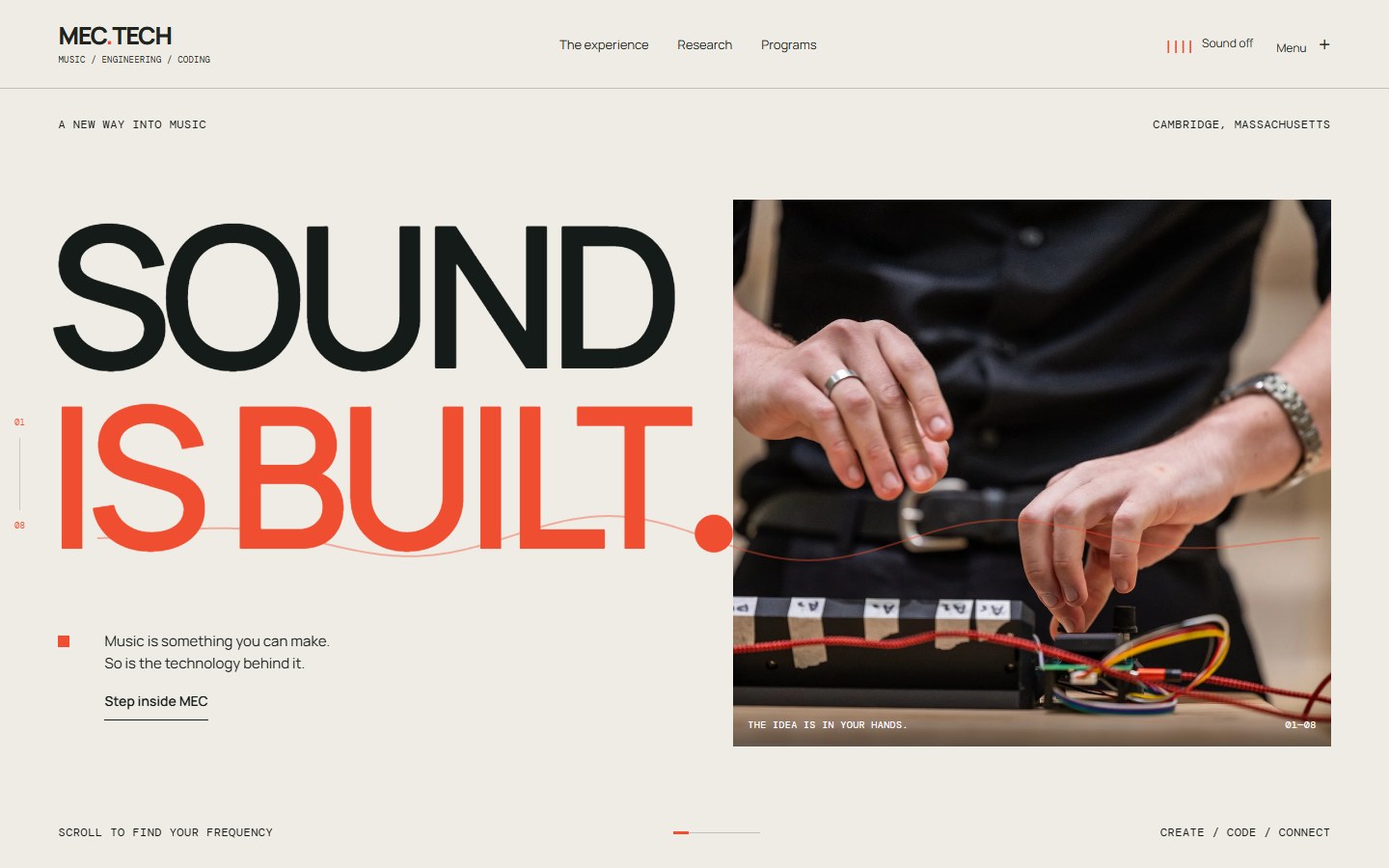 SOUND IS BUILT typography with a performer playing an electronic instrument