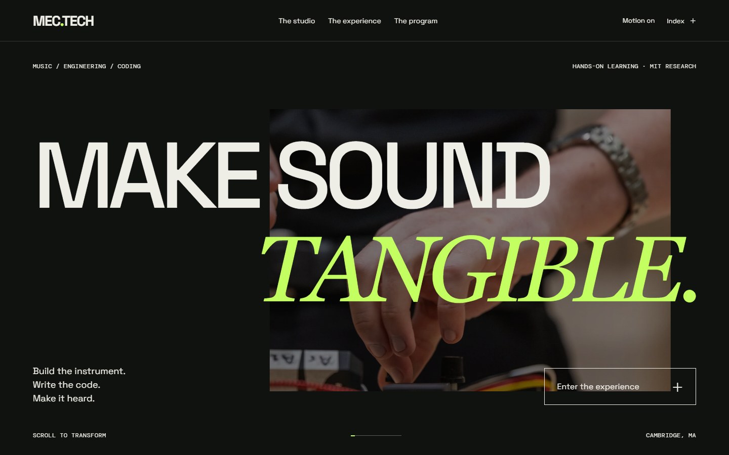 MAKE SOUND TANGIBLE typography over a performance image