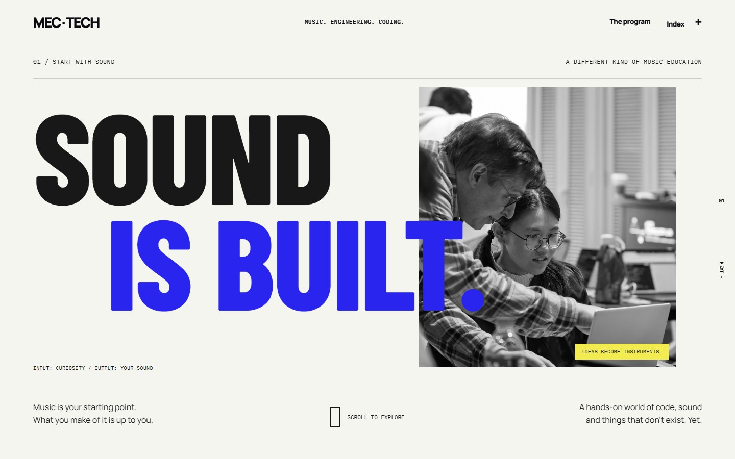 Cobalt blue SOUND IS BUILT typography with a workshop photograph