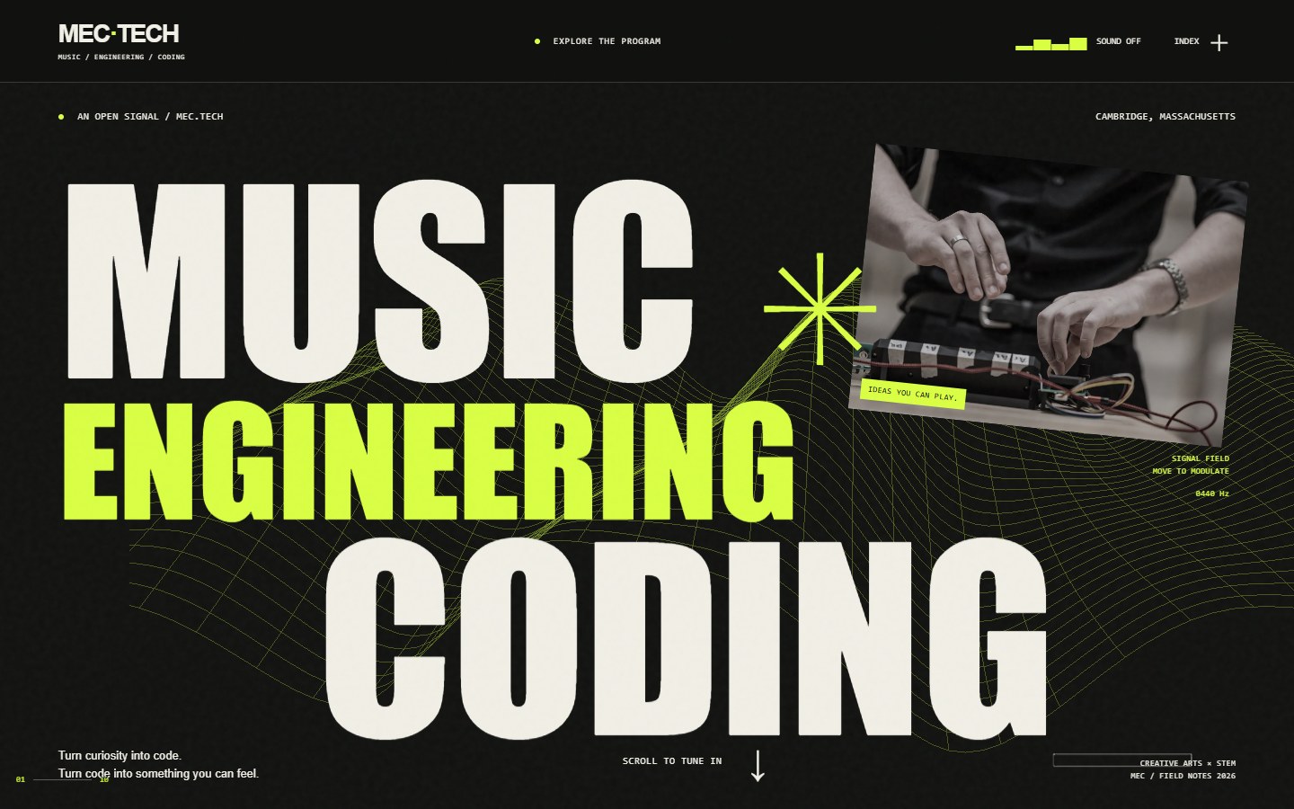 Electric-lime MUSIC ENGINEERING CODING typography over a signal grid